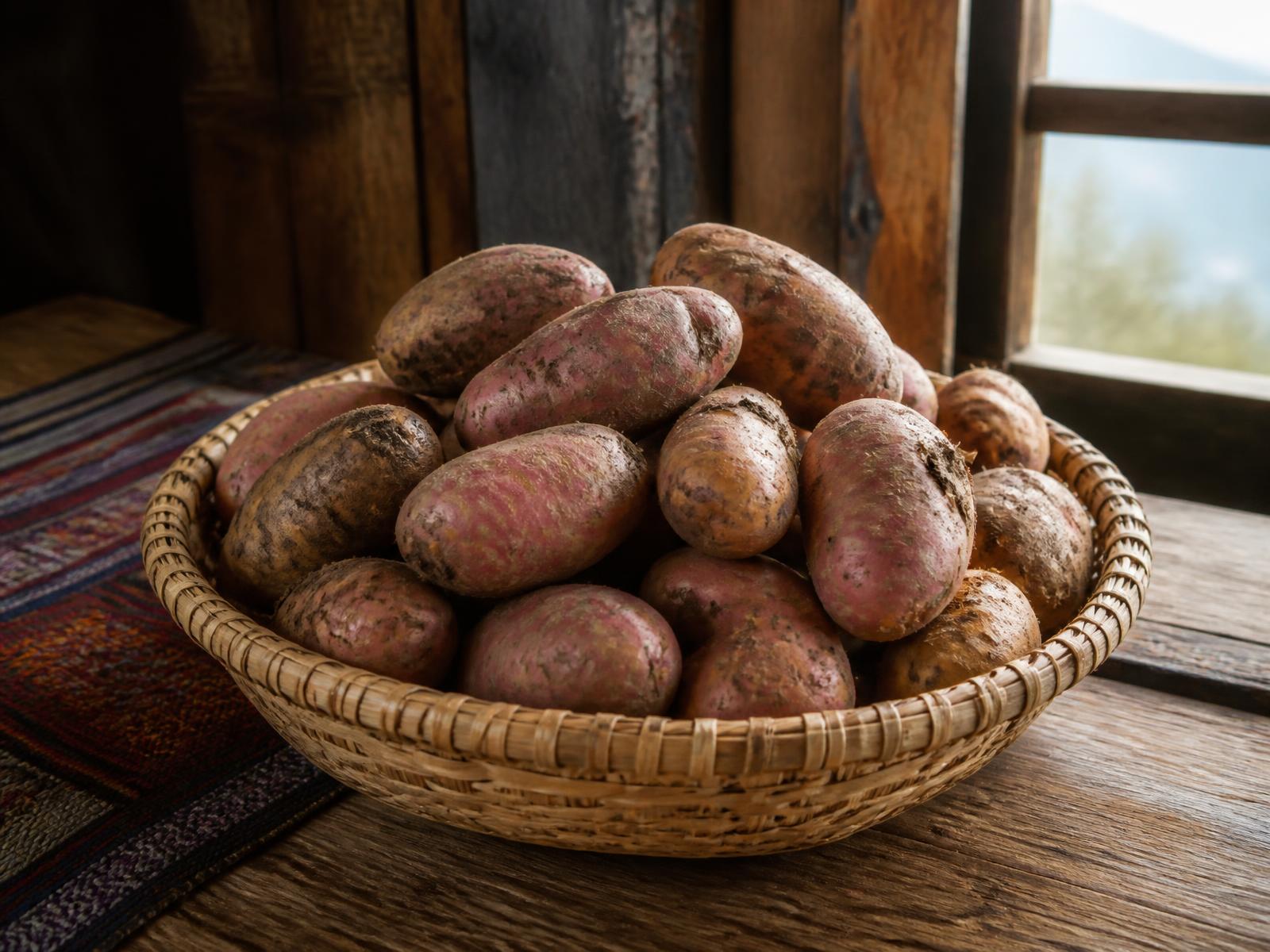 Freshly harvested potatoes in a woven basket inside a Bhutanese farmhouse